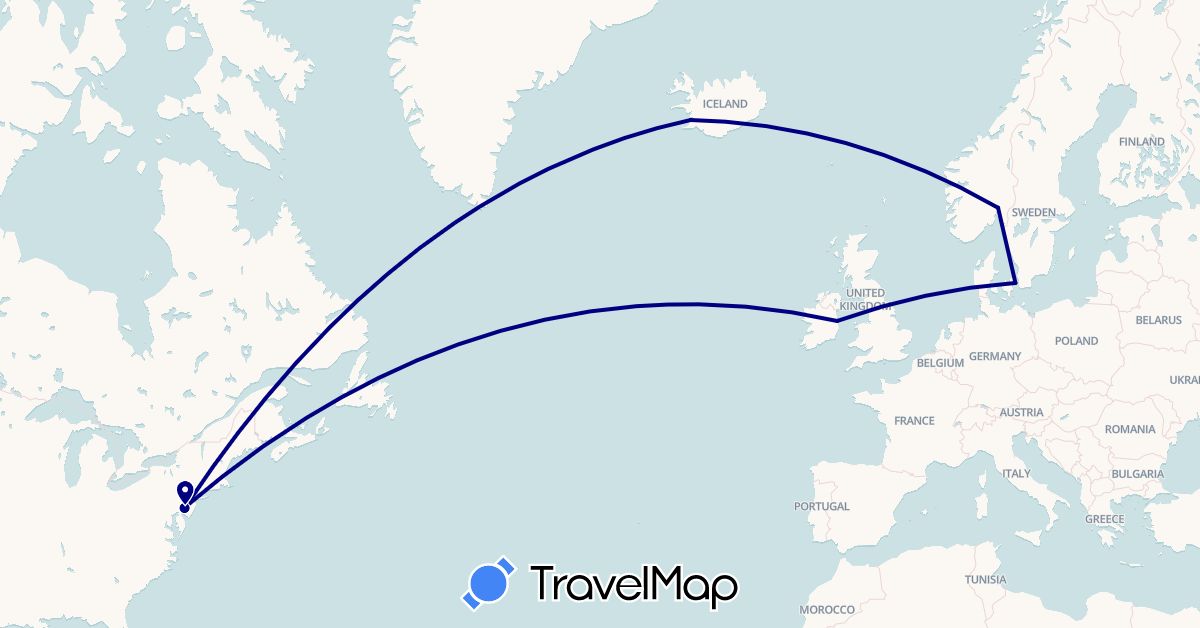 TravelMap itinerary: driving in Denmark, Ireland, Iceland, Norway, United States (Europe, North America)